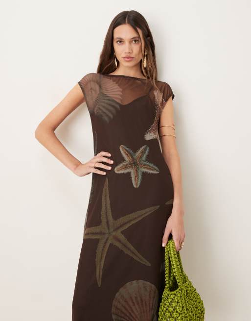 long sleeve brown dress shirt Never Fully Dressed Mara Chocolate Abstract Tilly Off the Shoulder Dre –  Ruby 67 Boutique main image 1