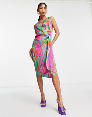 Never Fully Dressed sleeveless wrap midi dress in abstract print
