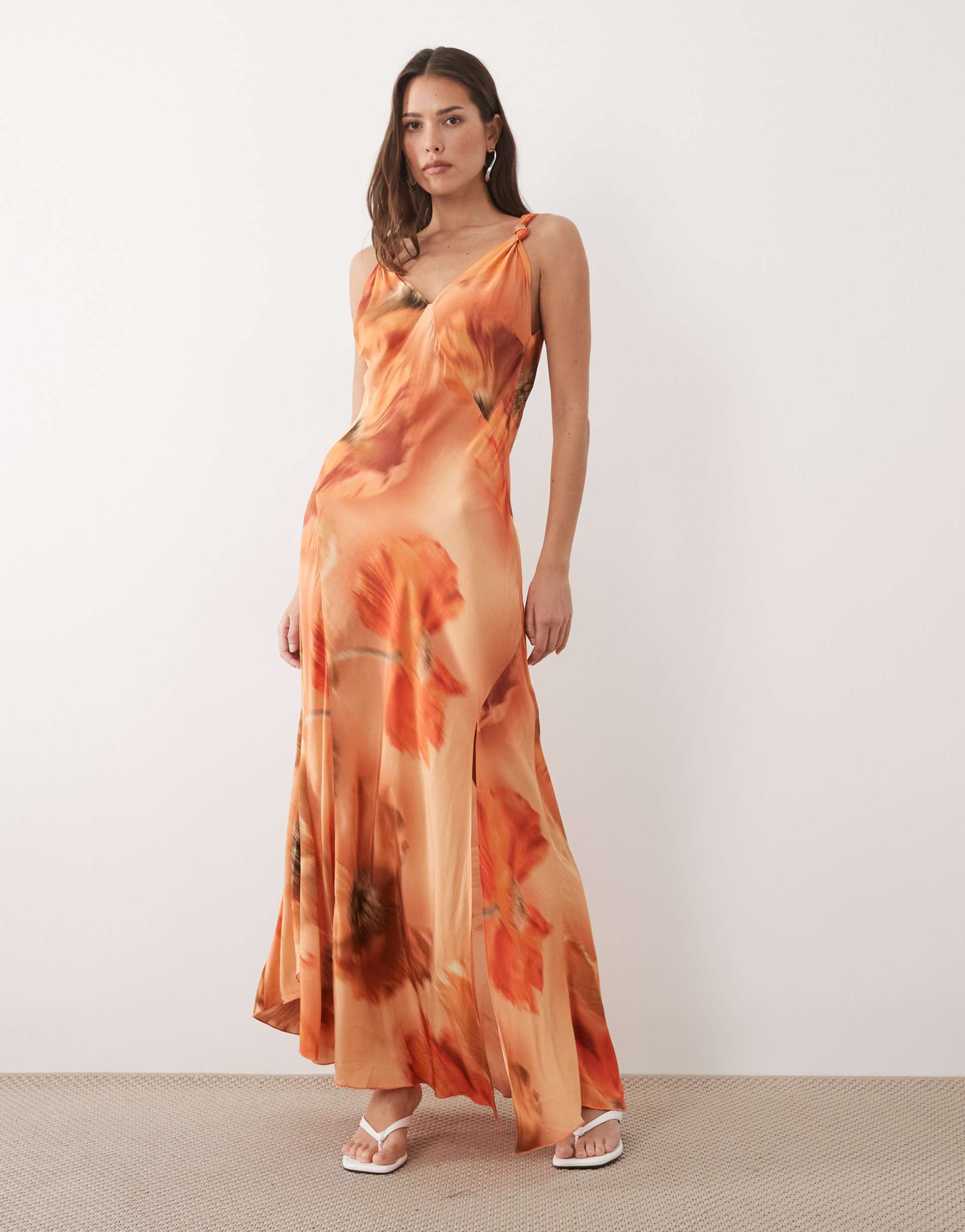 never fully dressed sofia knot strap bias cut maxi dress in blurred orange floral