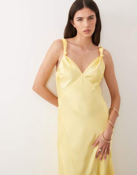 Never Fully Dressed Sofia satin knot strap bias cut maxi dress in lemon - view 1