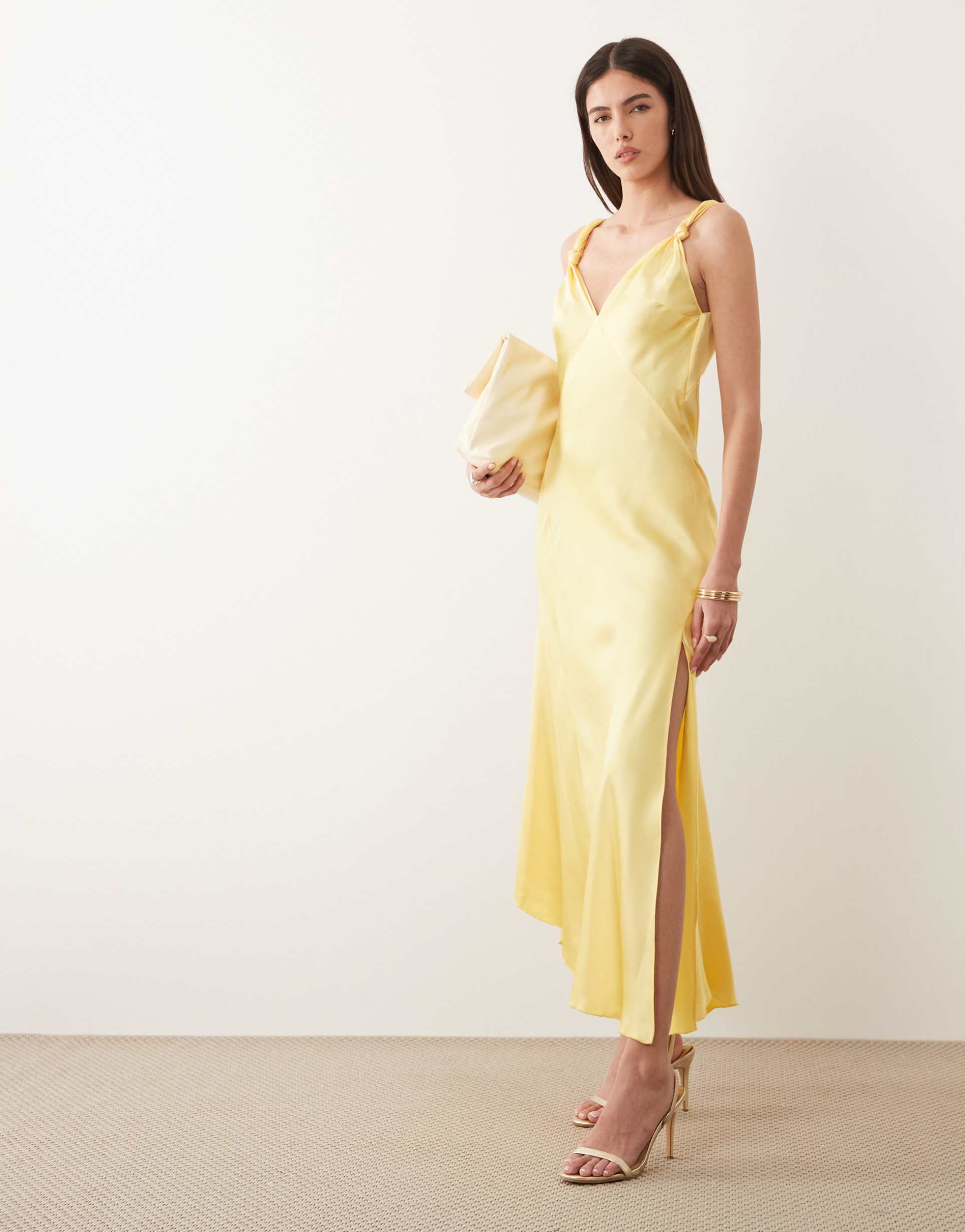 never fully dressed sofia satin knot strap bias cut maxi dress in lemon