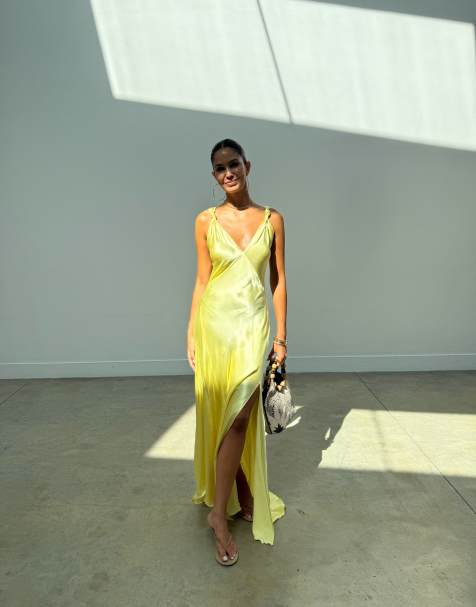 Never Fully Dressed Sofia satin knot strap bias cut maxi dress in lemon