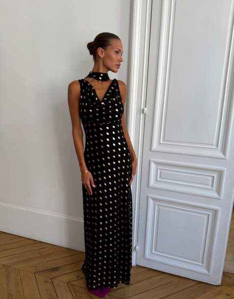 Never Fully Dressed Sophie chiffon cowl neck scarf detail maxi dress in black gold polka dot - view 1
