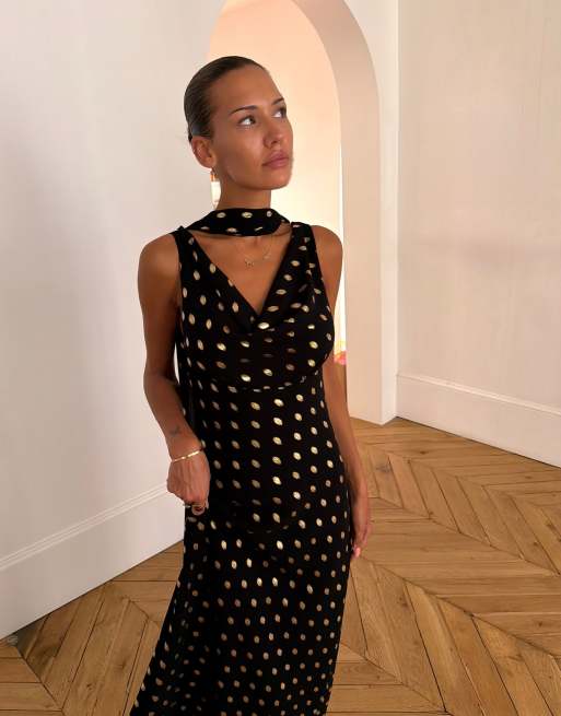 Never Fully Dressed Sophie chiffon cowl neck scarf detail maxi dress in black gold polka dot, 4 of 4