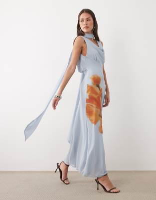 Never Fully Dressed Sophie chiffon cowl neck scarf detail maxi dress in blue floral print