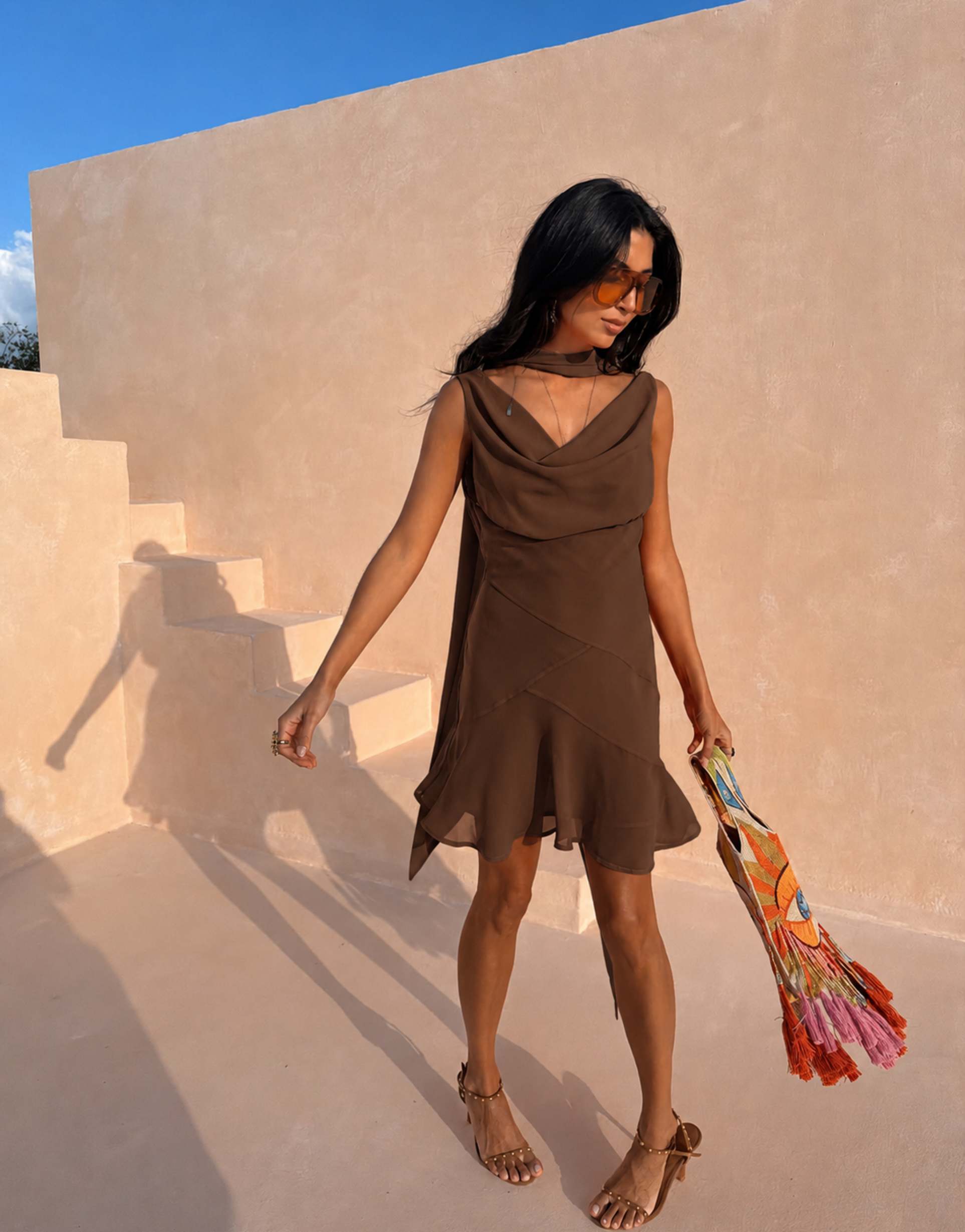 never fully dressed sophie chiffon cowl neck scarf detail mini dress in chocolate