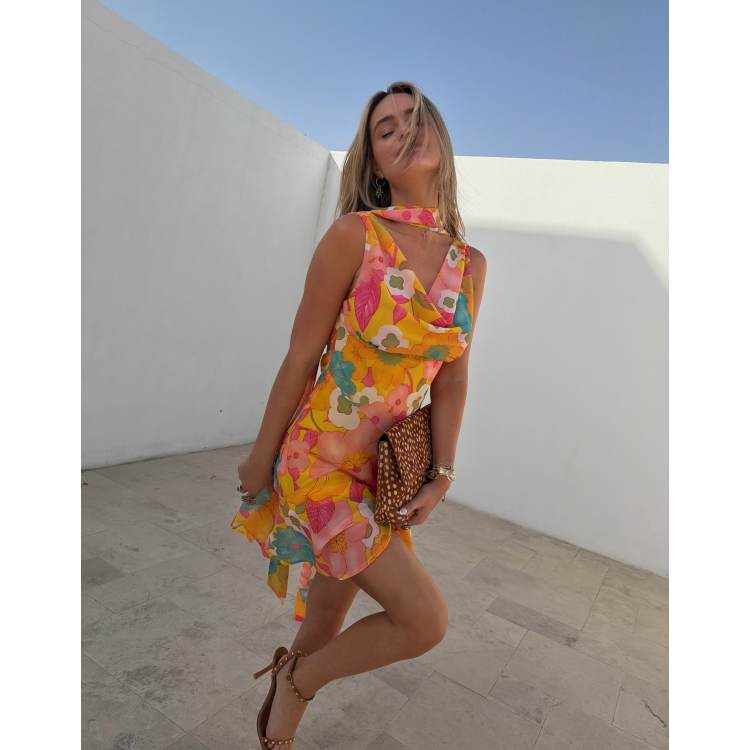 Never Fully Dressed Sophie chiffon cowl scarf detail mini dress in yellow floral print