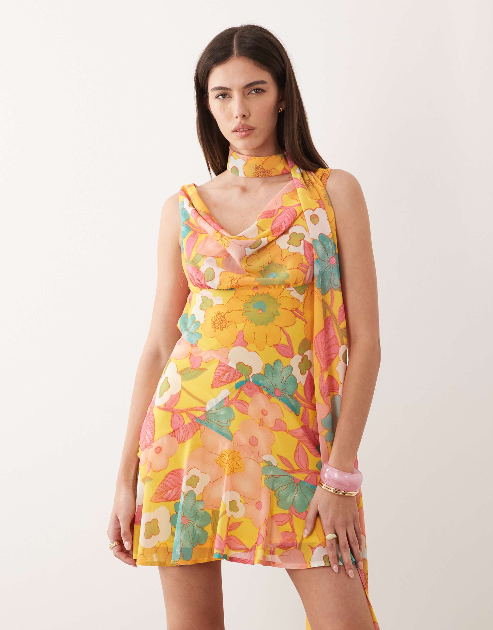 never fully dressed sophie chiffon cowl scarf detail mini dress in yellow floral print