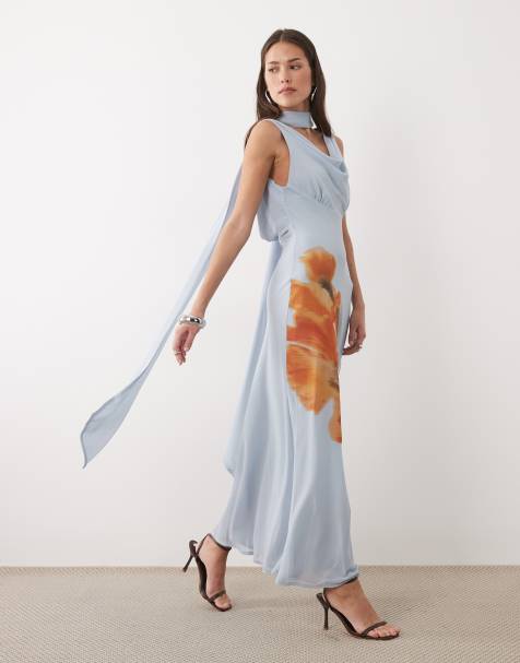 Never Fully Dressed Sophie cowl neck maxi dress with oversized floral in ice blue