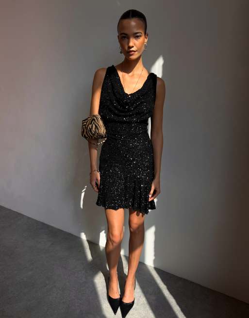 Never Fully Dressed  Sophie sequin plunge cowl neck scarf detail mini dress in black, 2 of 4