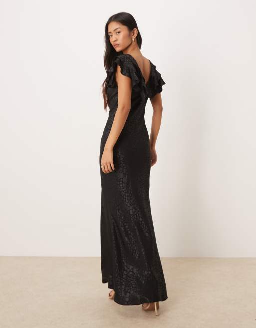 Never Fully Dressed - Sort maxikjole med V-hals og flæser samt dyremønster i jacquard, 3 af 4