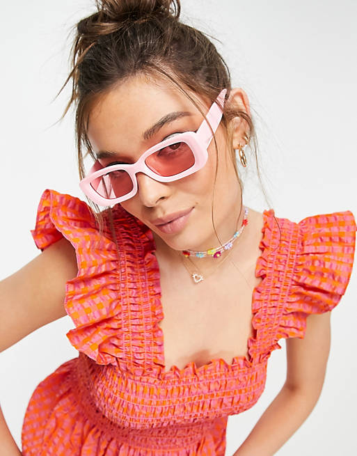 Women Never Fully Dressed square neck frill crop top co-ord in metallic orange gingham 