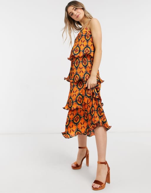 Never Fully Dressed square neck tiered frill midaxi dress in geometric  print | ASOS
