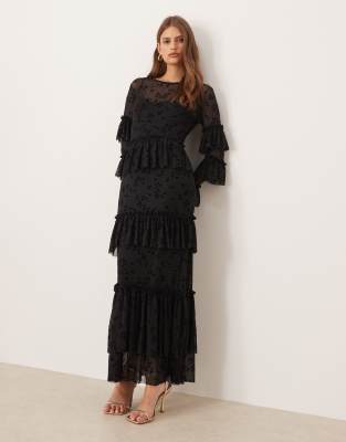 Never Fully Dressed star devore ruffle maxi dress in black
