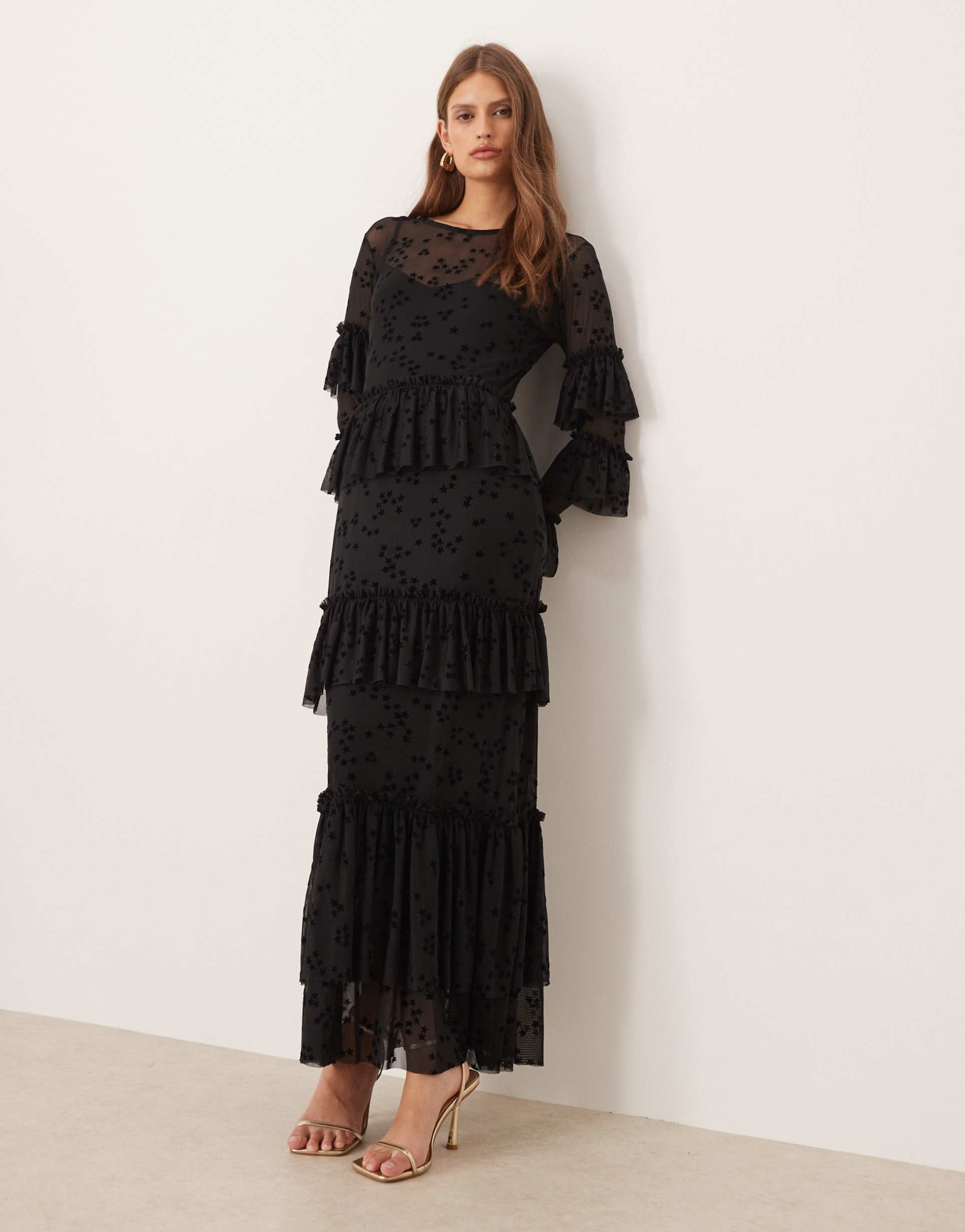 never fully dressed star devore ruffle maxi dress in black