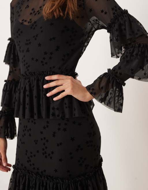 Never Fully Dressed star devore ruffle maxi dress in black, 4 of 4