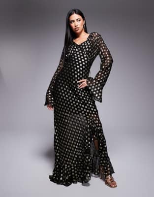 star print mesh midaxi dress in black