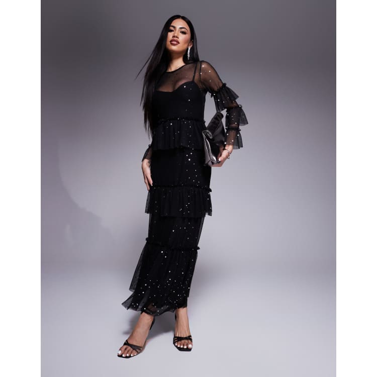knee length dresses for ladies STAR OF THE NIGHT MESH LONGSLEEVE MAXI DRESS IN PURPLE – AKIRA main image 1