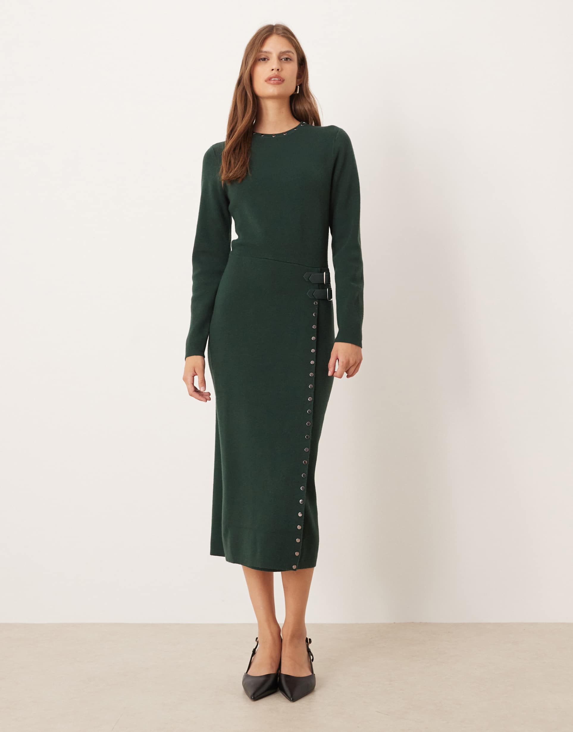 never fully dressed stud knit midaxi dress in bottle green