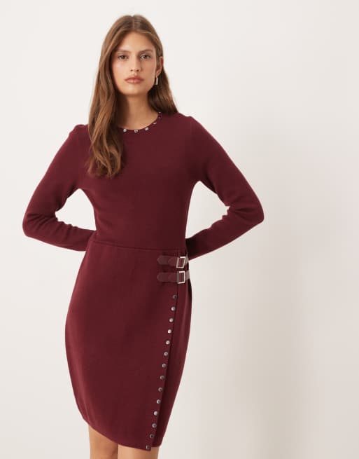 Never Fully Dressed stud knit mini dress in burgundy | ASOS