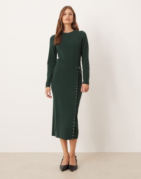 Never Fully Dressed stud knitted midaxi dress in bottle green - view 1