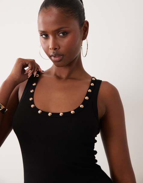 Never Fully Dressed studded ribbed scoop neck singlet in black - view 1