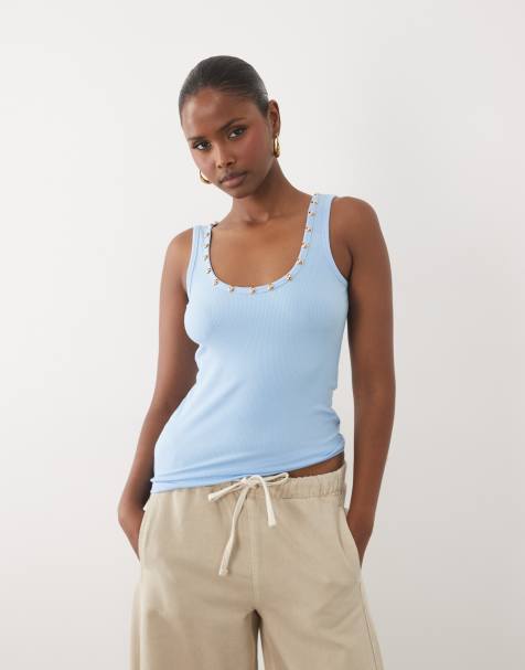 Never Fully Dressed studded ribbed scoop neck tank top in light blue - view 1