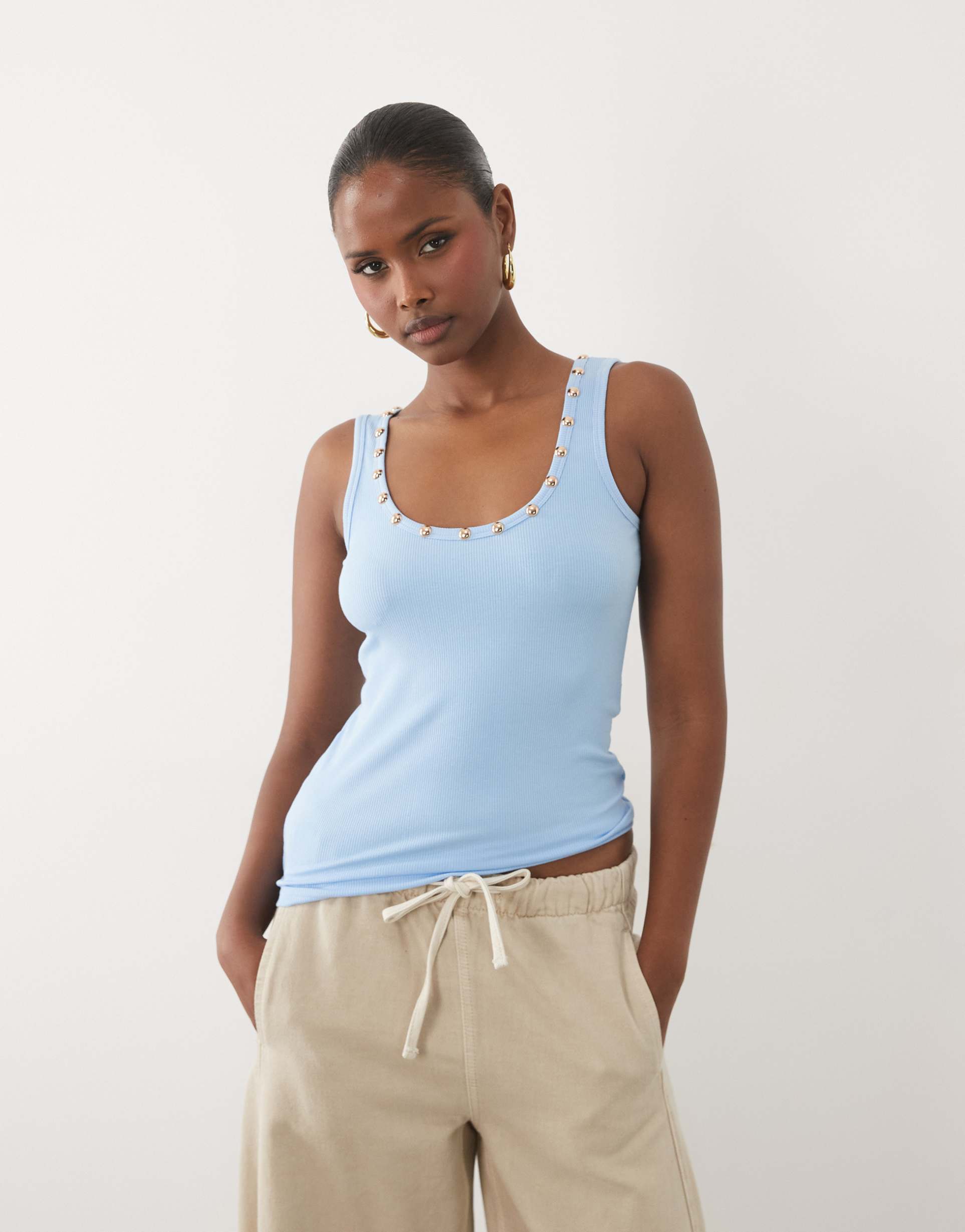 never fully dressed studded ribbed scoop neck tank top in light blue