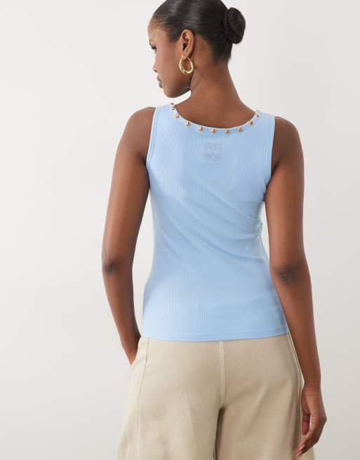Never Fully Dressed studded ribbed scoop neck tank top in light blue, 4 of 4