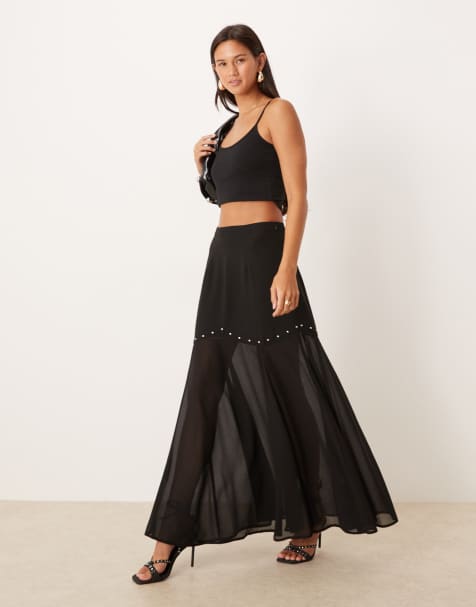 Never Fully Dressed studded sheer hem maxi skirt in black