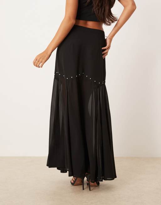 Never Fully Dressed studded sheer hem maxi skirt in black | ASOS