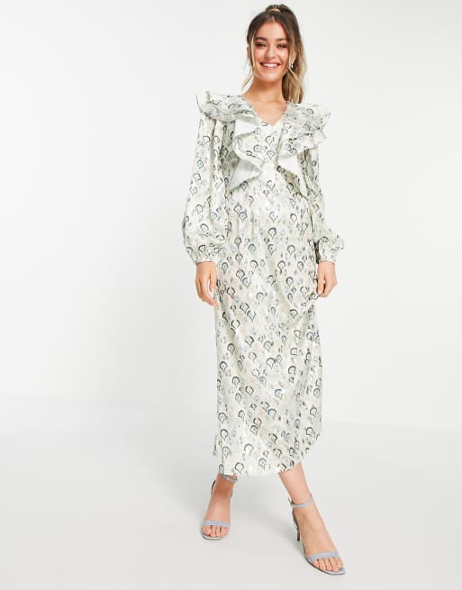 Never Fully Dressed – Sukienka midaxi w niebieski mozaikowy wzór z kołnierzem oversize