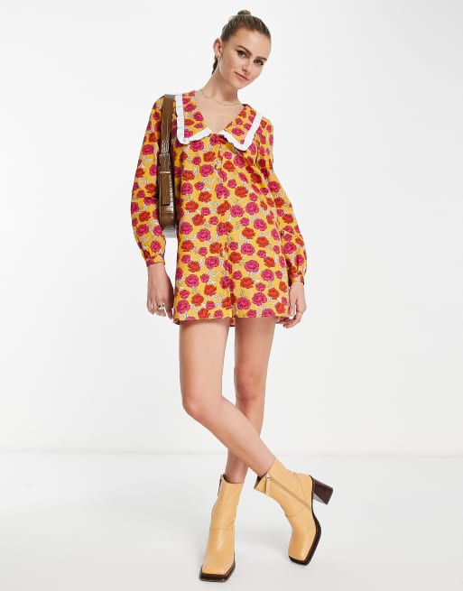 Never Fully Dressed – Sukienka mini oversize we wzór w żółte kwiaty, z kołnierzykiem