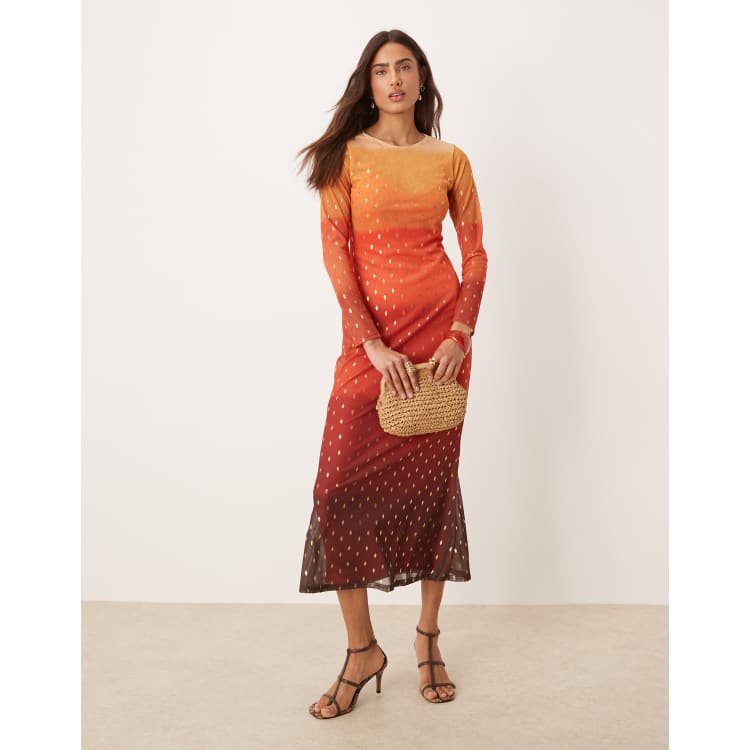 Never Fully Dressed sunset ombre mesh midaxi dress in orange and red | ASOS