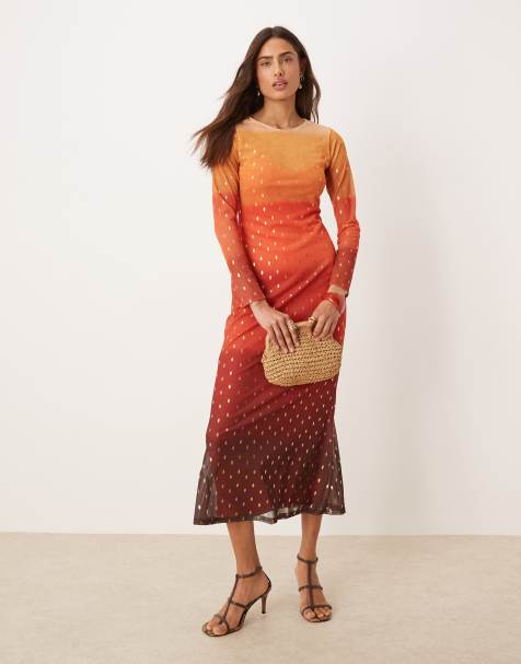 Never Fully Dressed sunset ombre mesh midaxi dress in orange and red