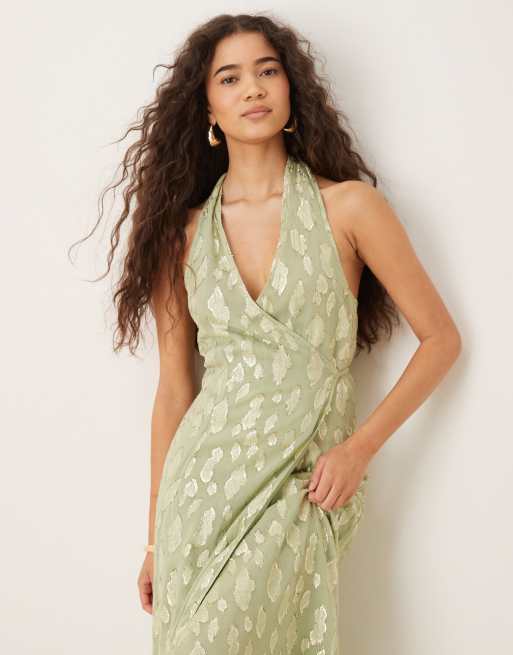 Never Fully Dressed – Szałwiowa metaliczna sukienka maxi z dekoltem typu halter, 2 z 4