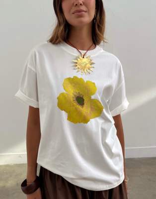 T-shirt en coton à imprimé fleurs - Jaune-Blanc S