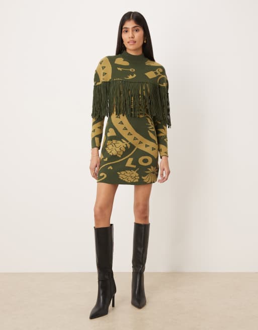 Never Fully Dressed tassel knit cape in khaki print - part of a set, 2 of 4