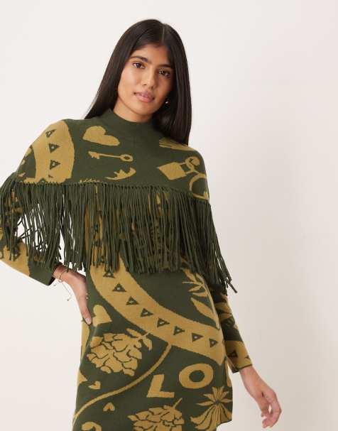 Never Fully Dressed tassel knitted cape co-ord in khaki print - view 1