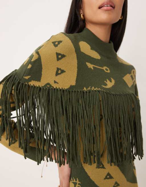 Never Fully Dressed tassel knitted cape in khaki print (part of a set), 3 of 4
