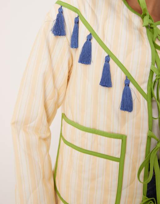 Never Fully Dressed tassel trim stripe jacket in cream, 3 of 4