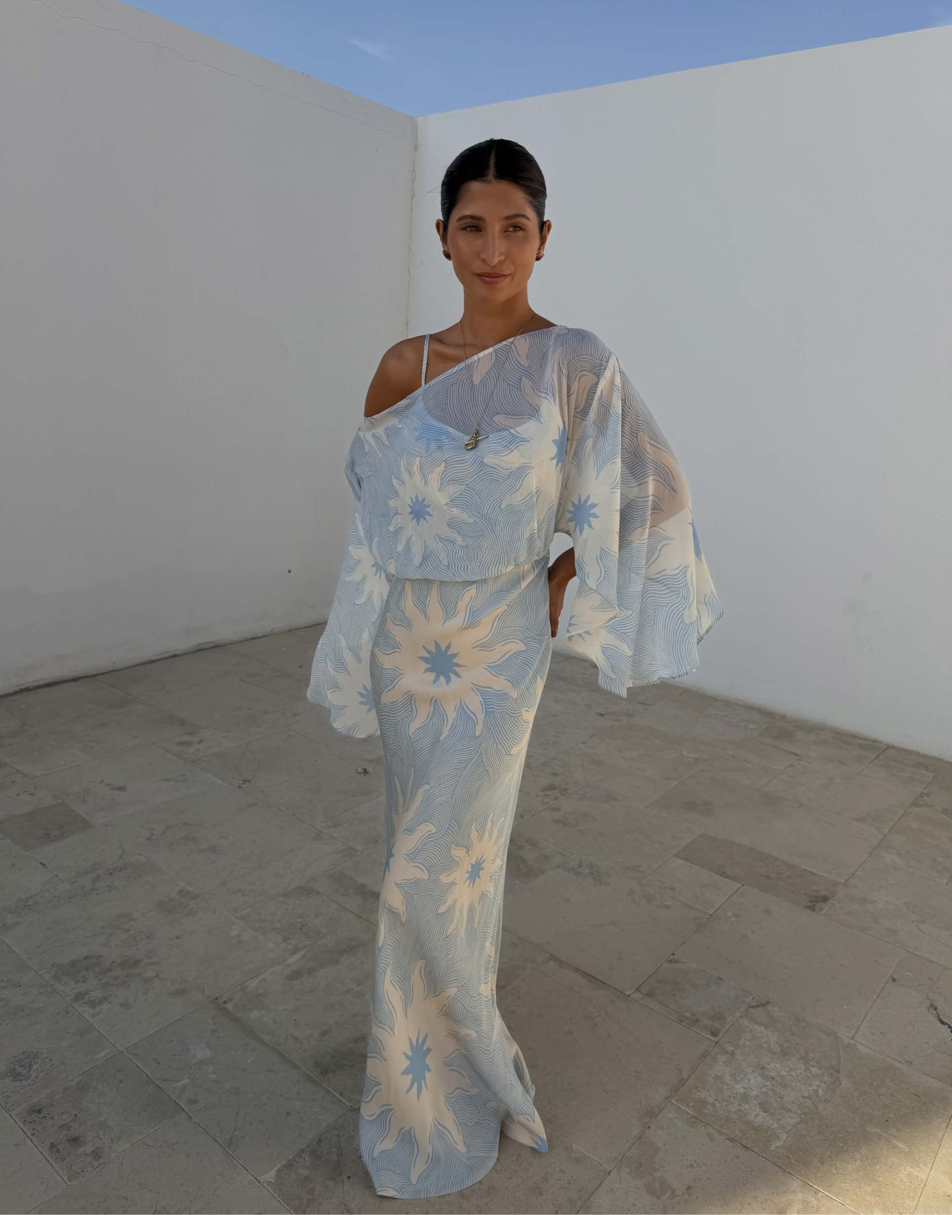 never fully dressed textured mesh off the shoulder maxi dress in blue sun print