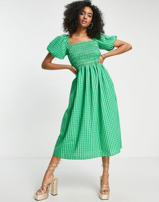 Never Fully Dressed Textured Smock Midi Dress In Green Gingham | ModeSens