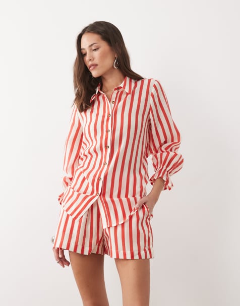 Never Fully Dressed tie back shirt and short co-ord In red stripe - view 1