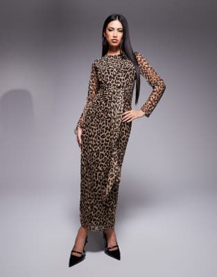 tie front mesh midaxi dress in leopard-Multi