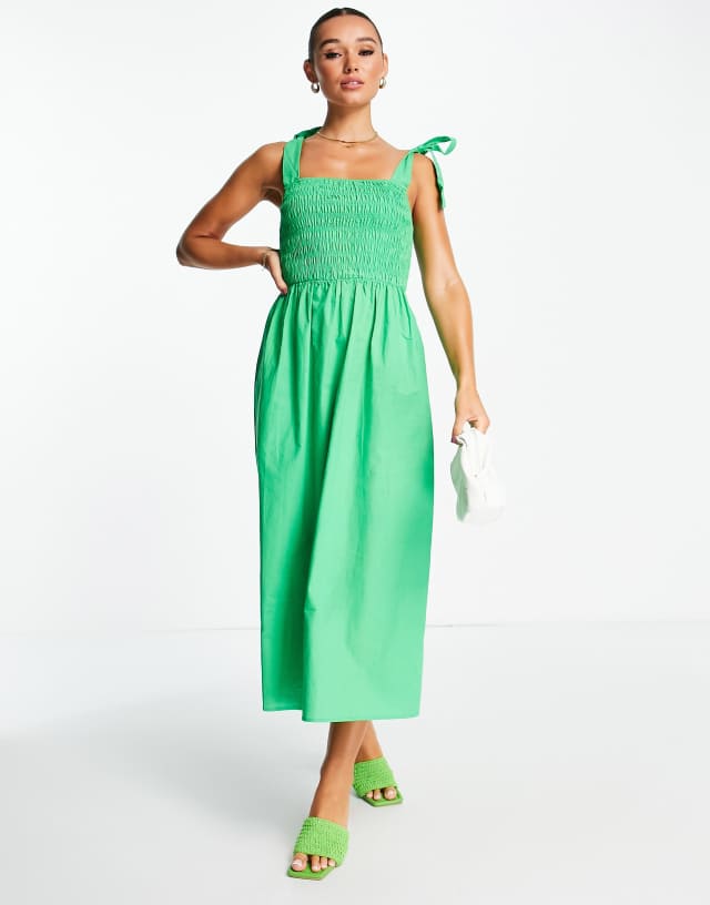 Never Fully Dressed - tie shoulder shirred dress in vibrant green