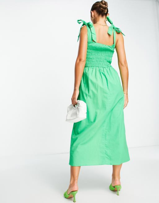Never Fully Dressed tie shoulder shirred dress in vibrant green, 3 of 4