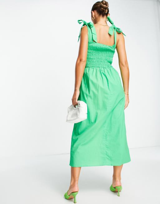 Never Fully Dressed tie shoulder shirred dress in vibrant green