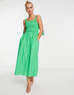 Never Fully Dressed tie shoulder shirred dress in vibrant green