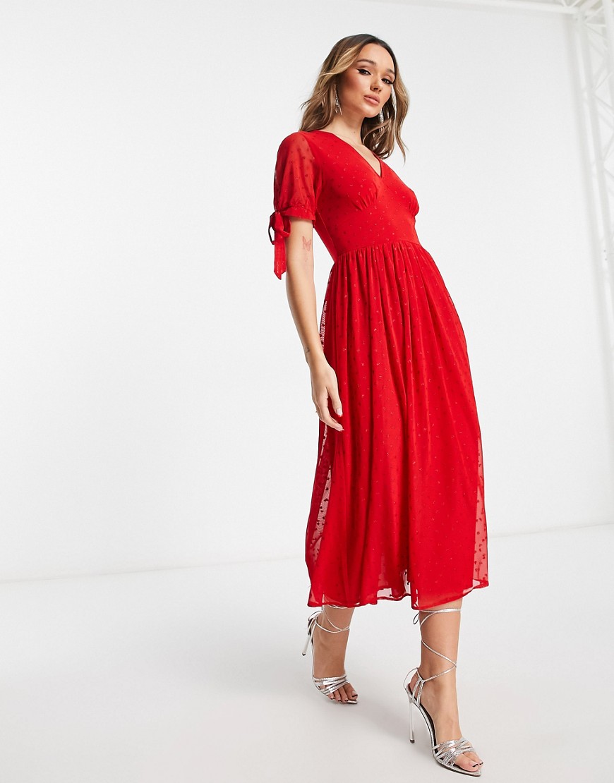 Never Fully Dressed tie sleeve glitter heart maxi dress in red